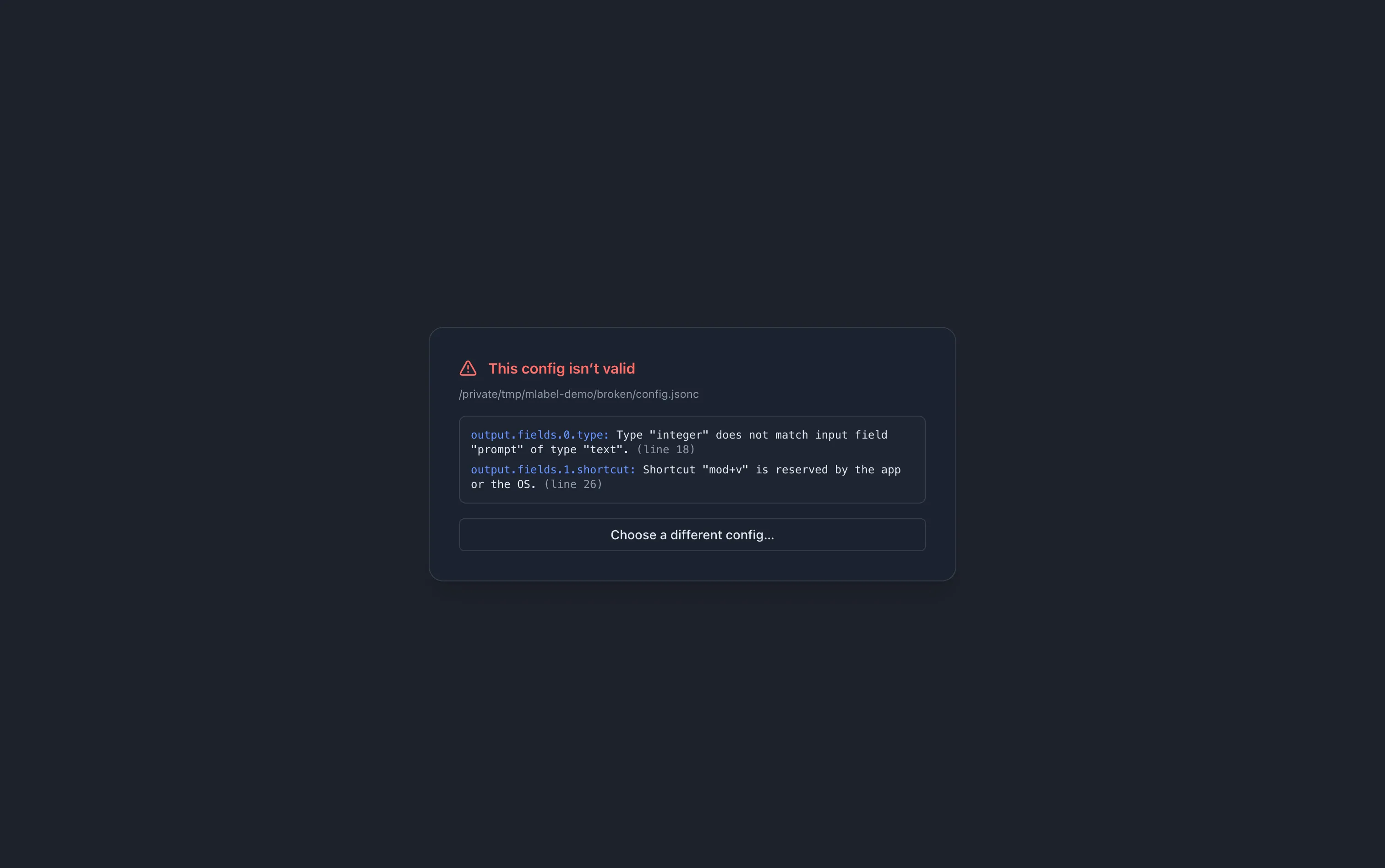 The configuration error screen lists messages and the locations of invalid settings.