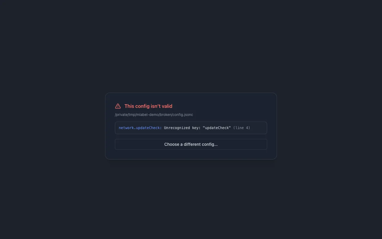 The config error screen, listing each problem with its line, column and dotted path.