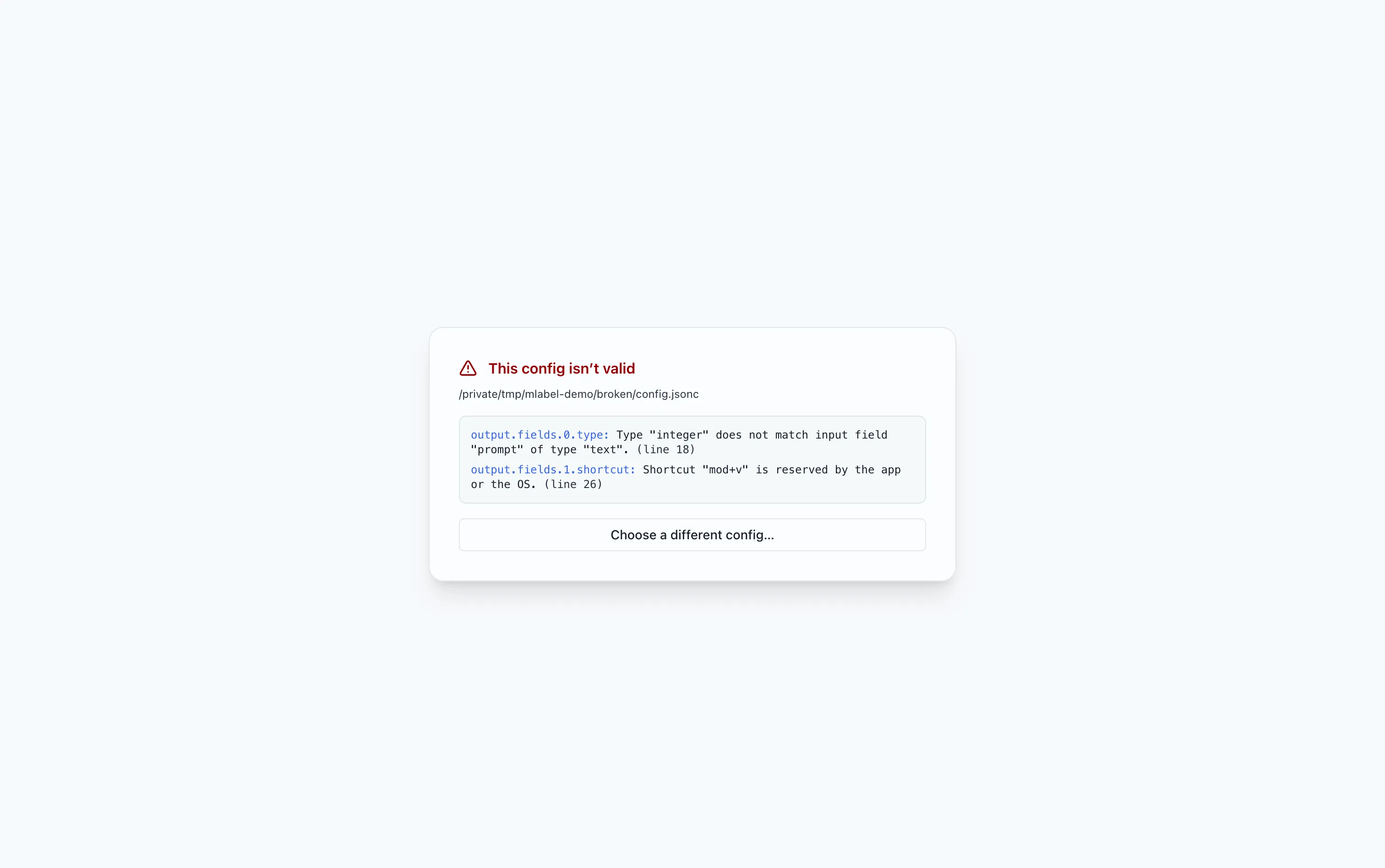 The configuration error screen lists messages and the locations of invalid settings.