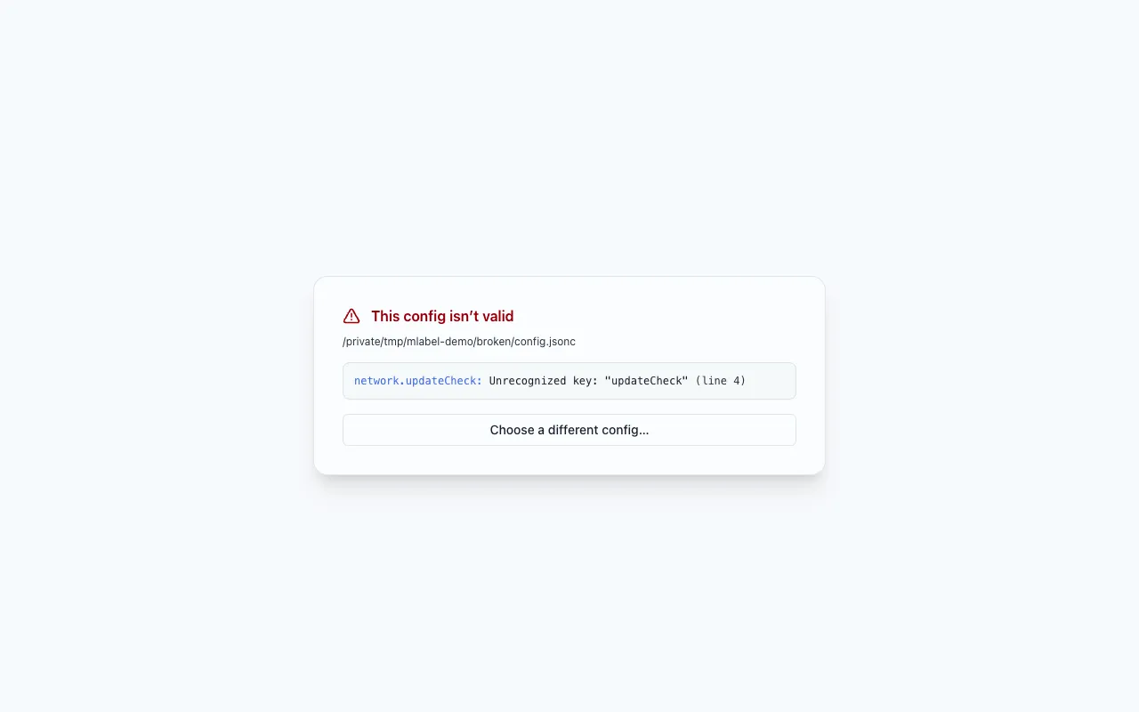 The config error screen, listing each problem with its line, column and dotted path.
