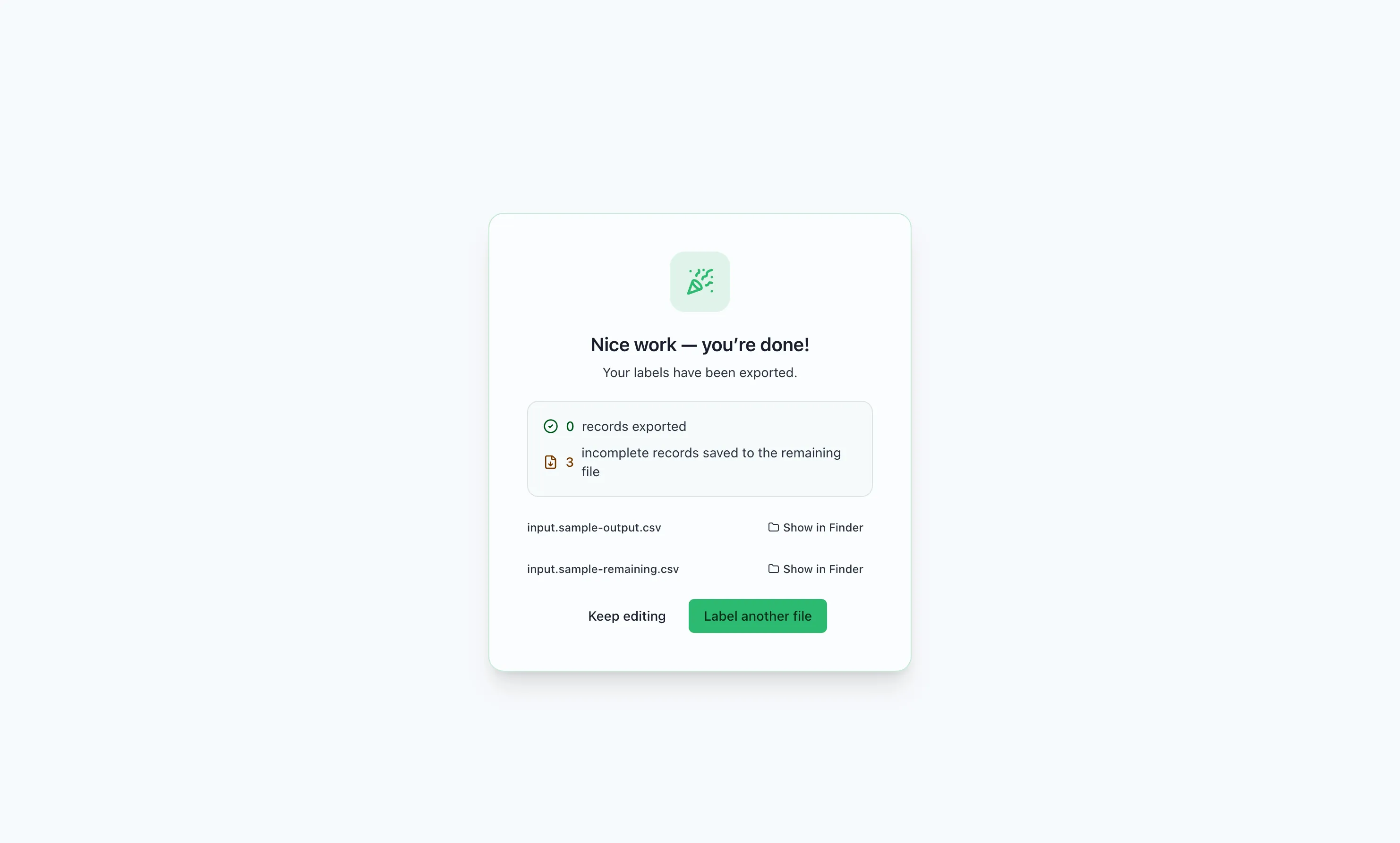The Done screen lists exported and remaining record counts with buttons to locate each file.