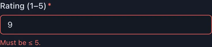A rating field contains 9 and shows a validation error because the permitted maximum is 5.