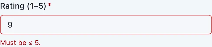 A rating field contains 9 and shows a validation error because the permitted maximum is 5.