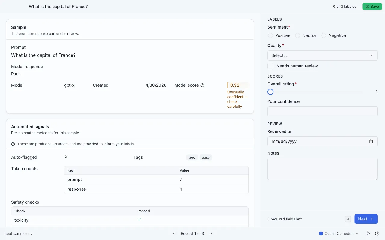 The labeling view: input cards on the left showing the record, an output form on the right.