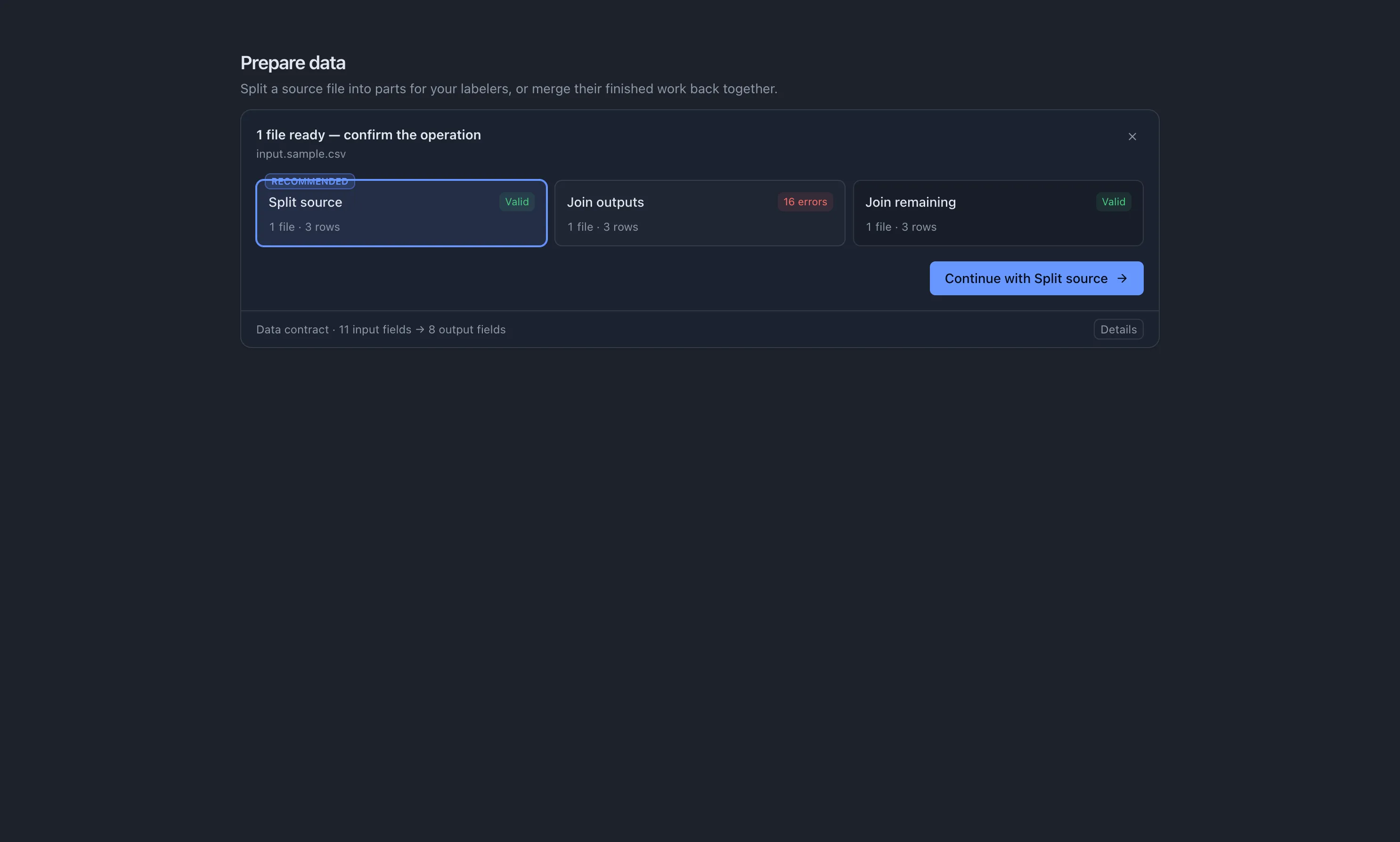 Prepare mode asks the user to confirm a proposed operation for the selected files.