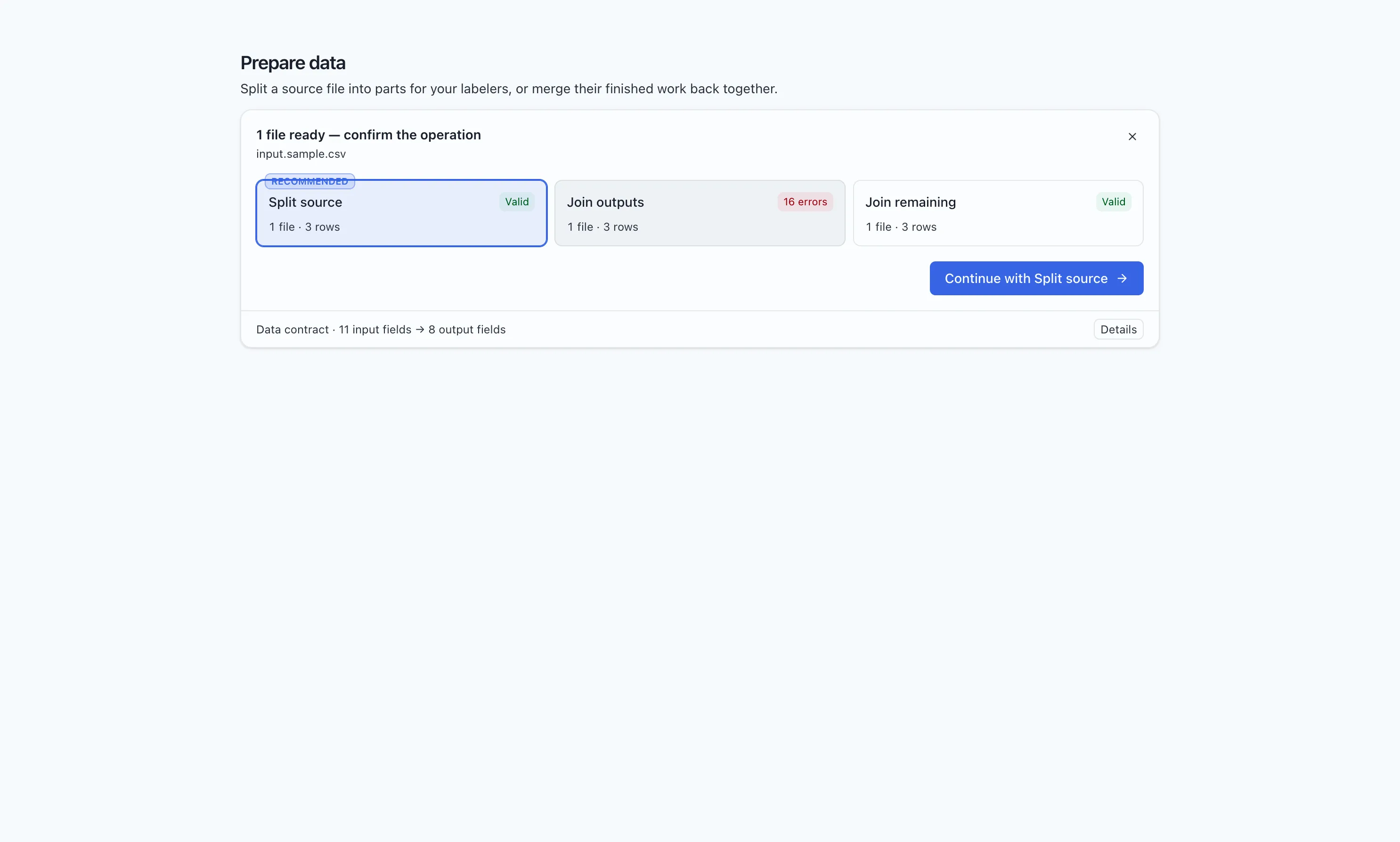 Prepare mode asks the user to confirm a proposed operation for the selected files.