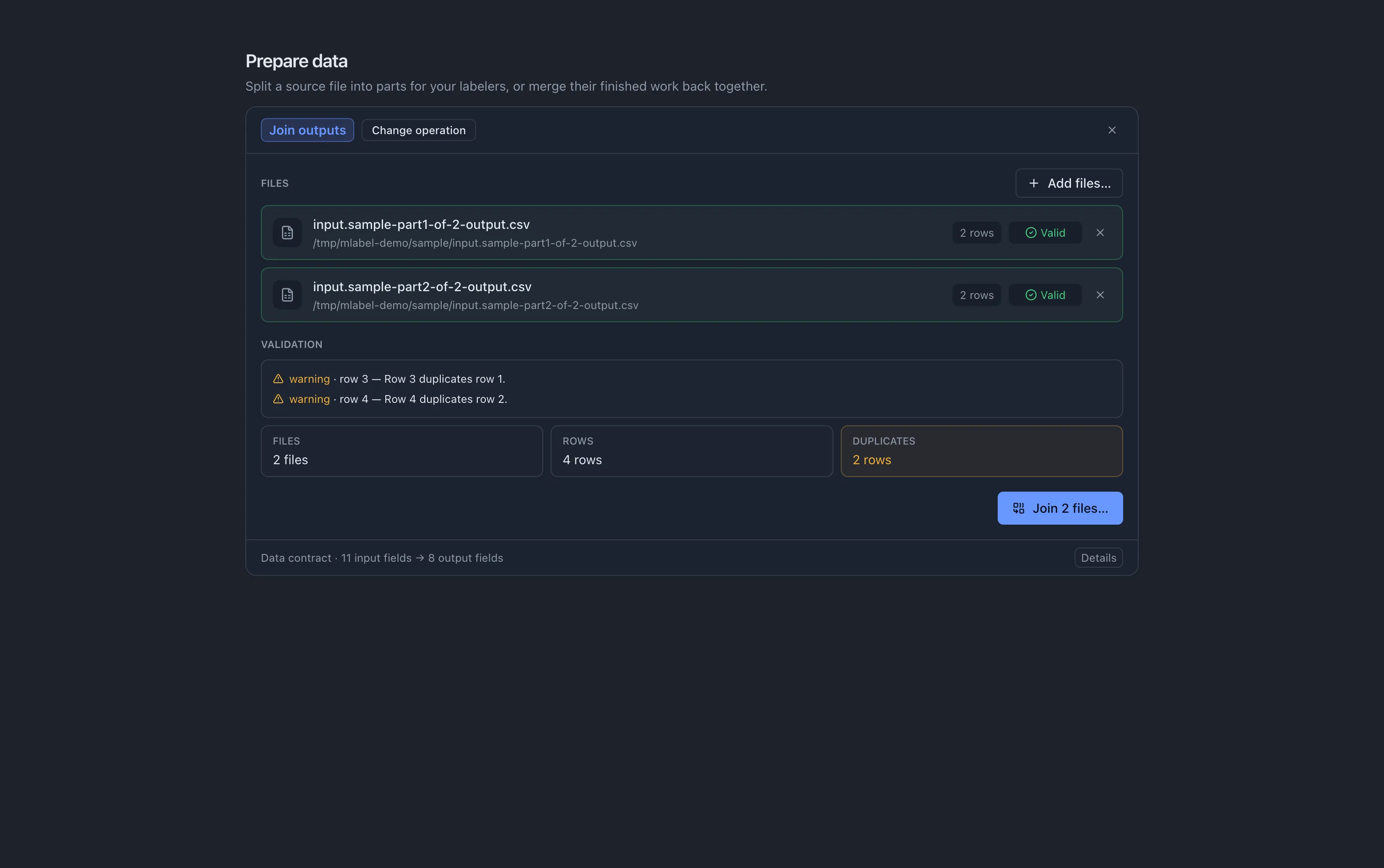 Prepare lists incoming output files, their record counts, and validation results.
