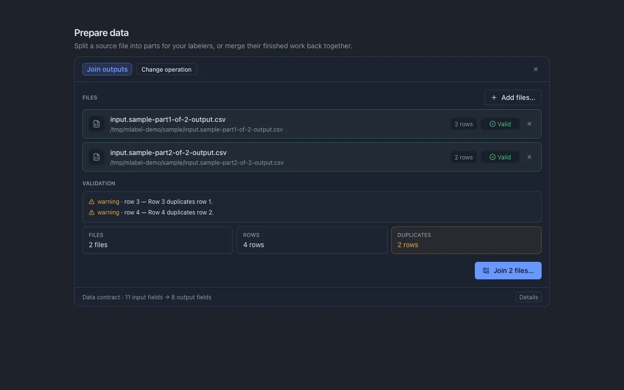 The join configuration screen listing each file with its row count and validation status.