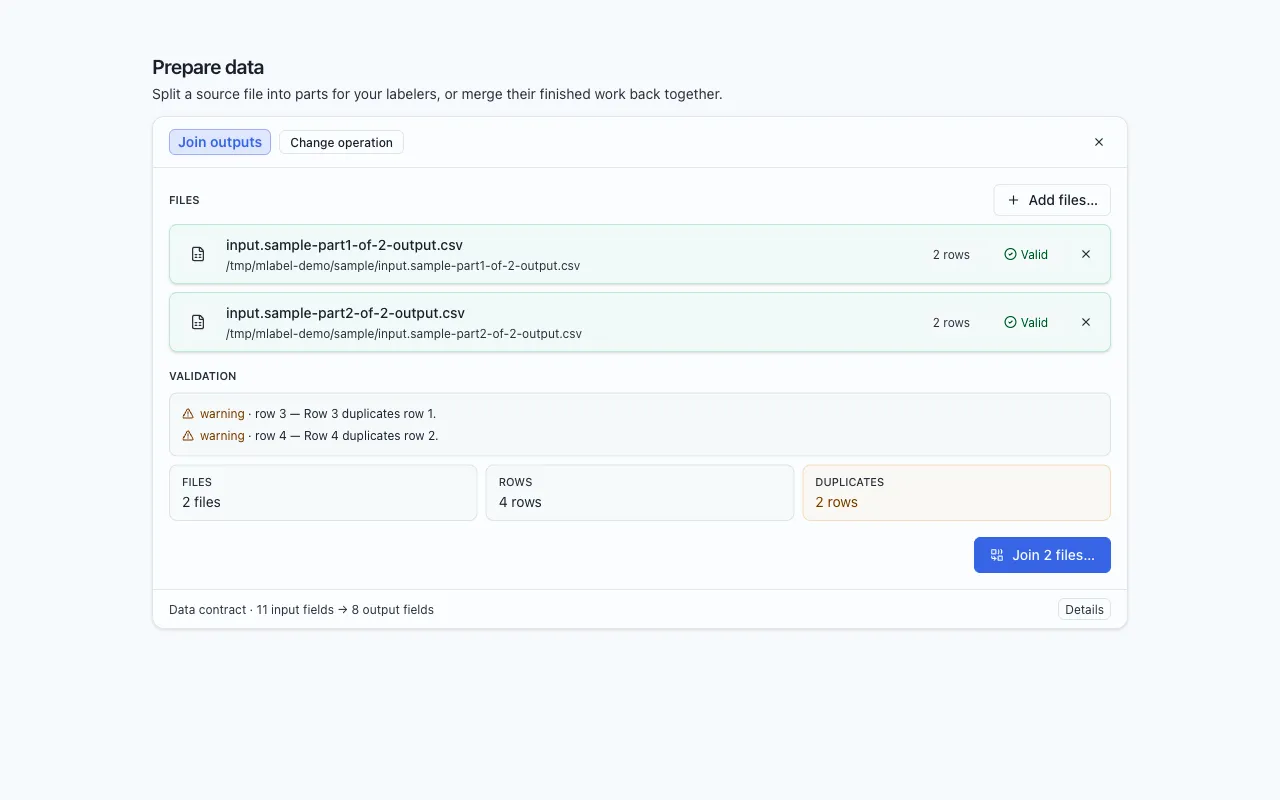 The join configuration screen listing each file with its row count and validation status.