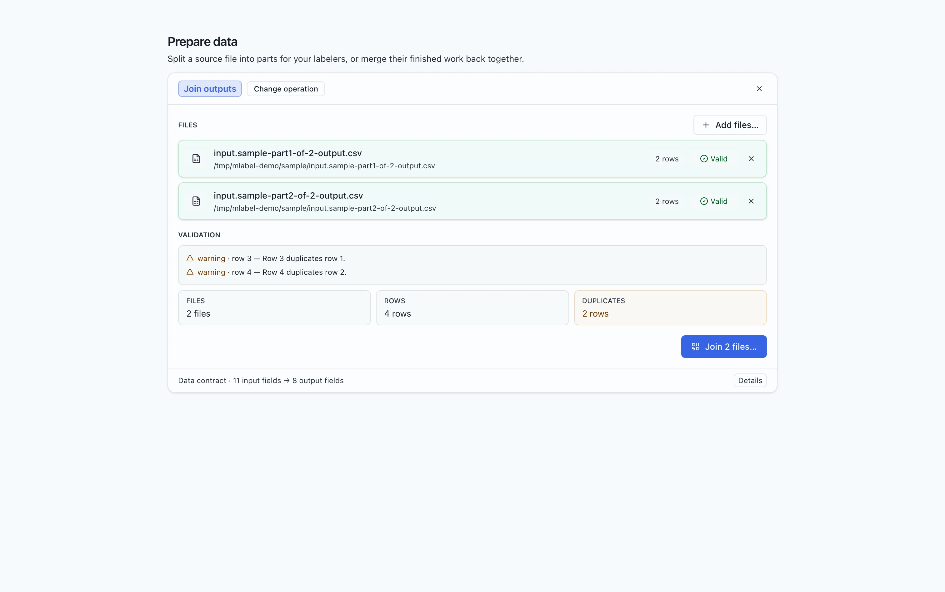 Prepare lists incoming output files, their record counts, and validation results.