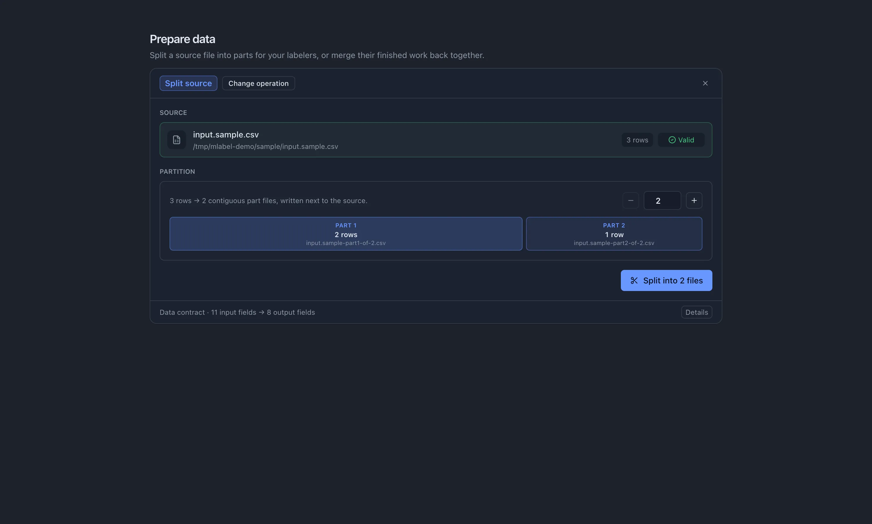 Prepare mode shows the number of parts and the filenames and record counts to be written.
