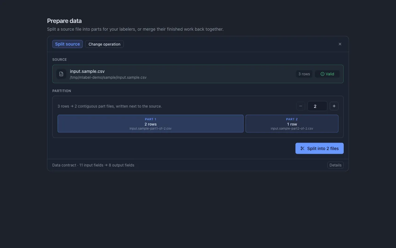 The split configuration screen with a parts selector and a preview of the resulting chunk sizes.