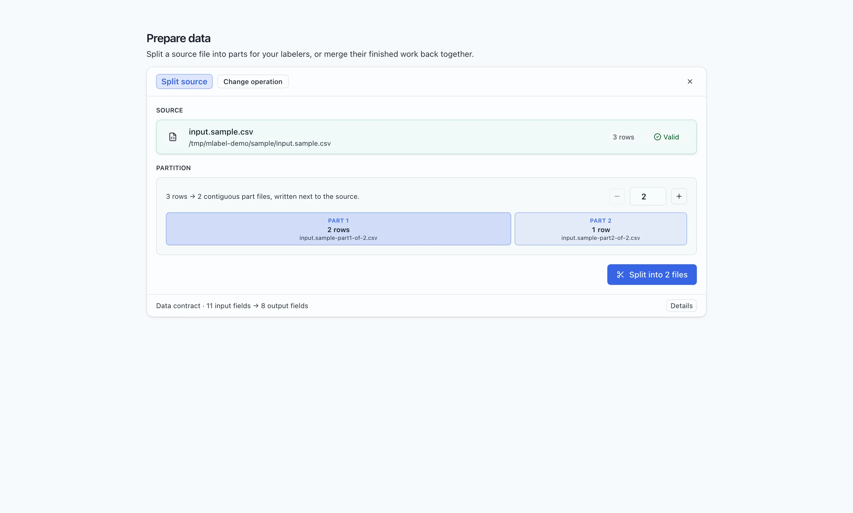 Prepare mode shows the number of parts and the filenames and record counts to be written.