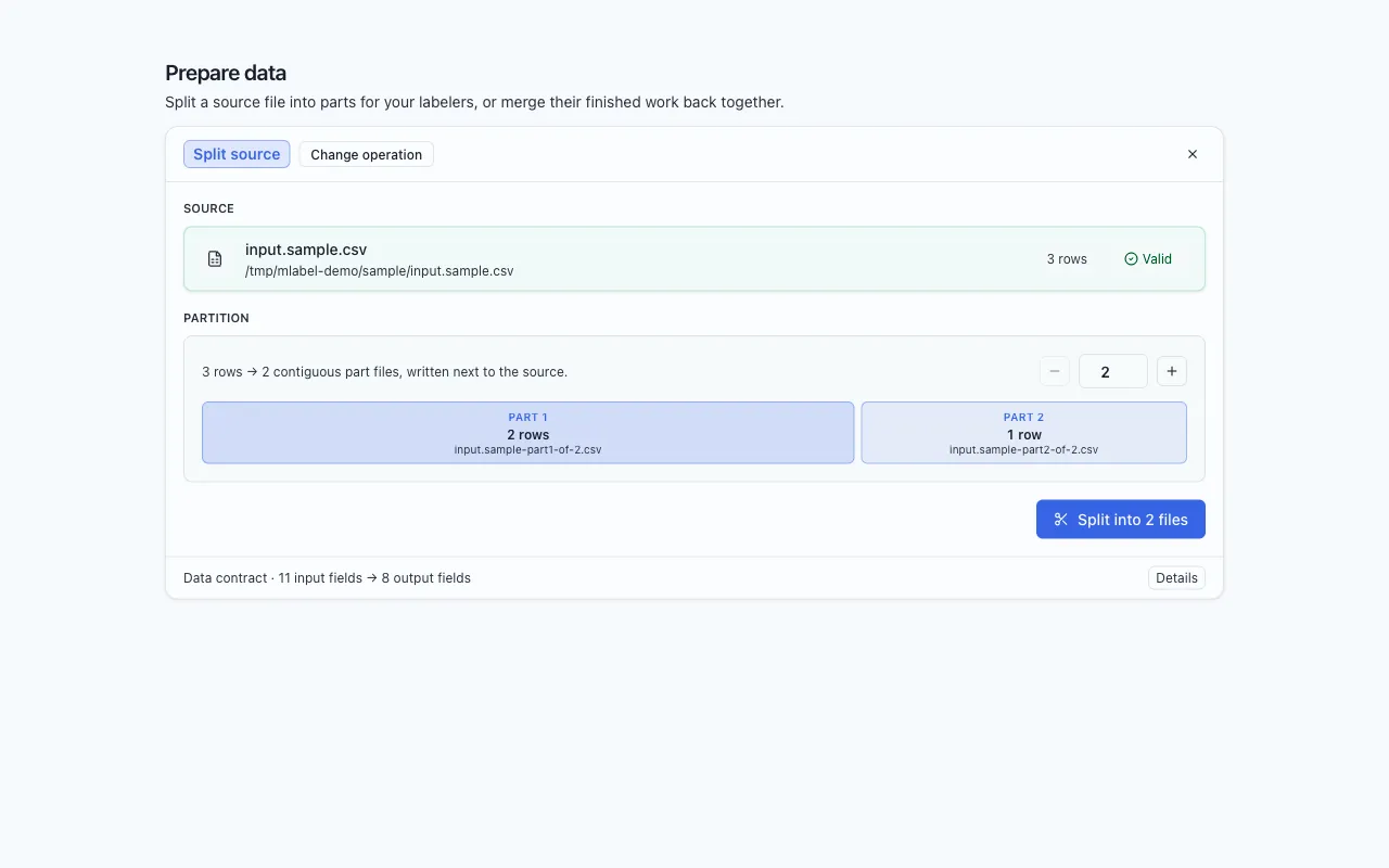 The split configuration screen with a parts selector and a preview of the resulting chunk sizes.