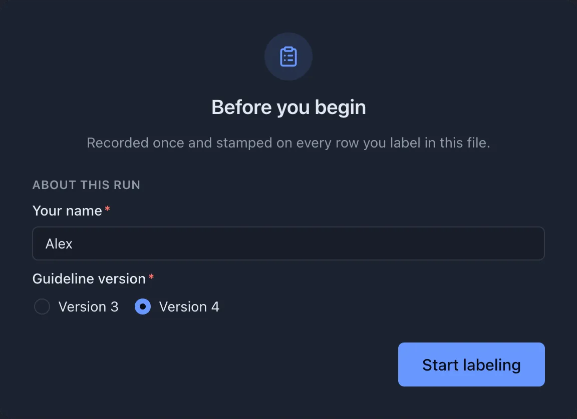 The setup screen asks for Your name and Guideline version before labeling begins.