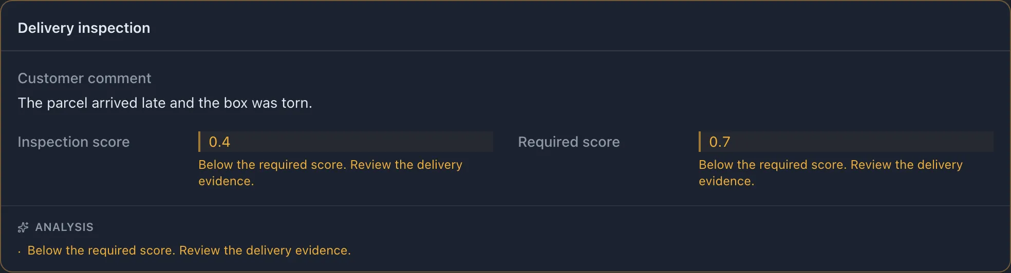 Both scores are highlighted, and the card’s Analysis footer explains that the inspection is below the required score.