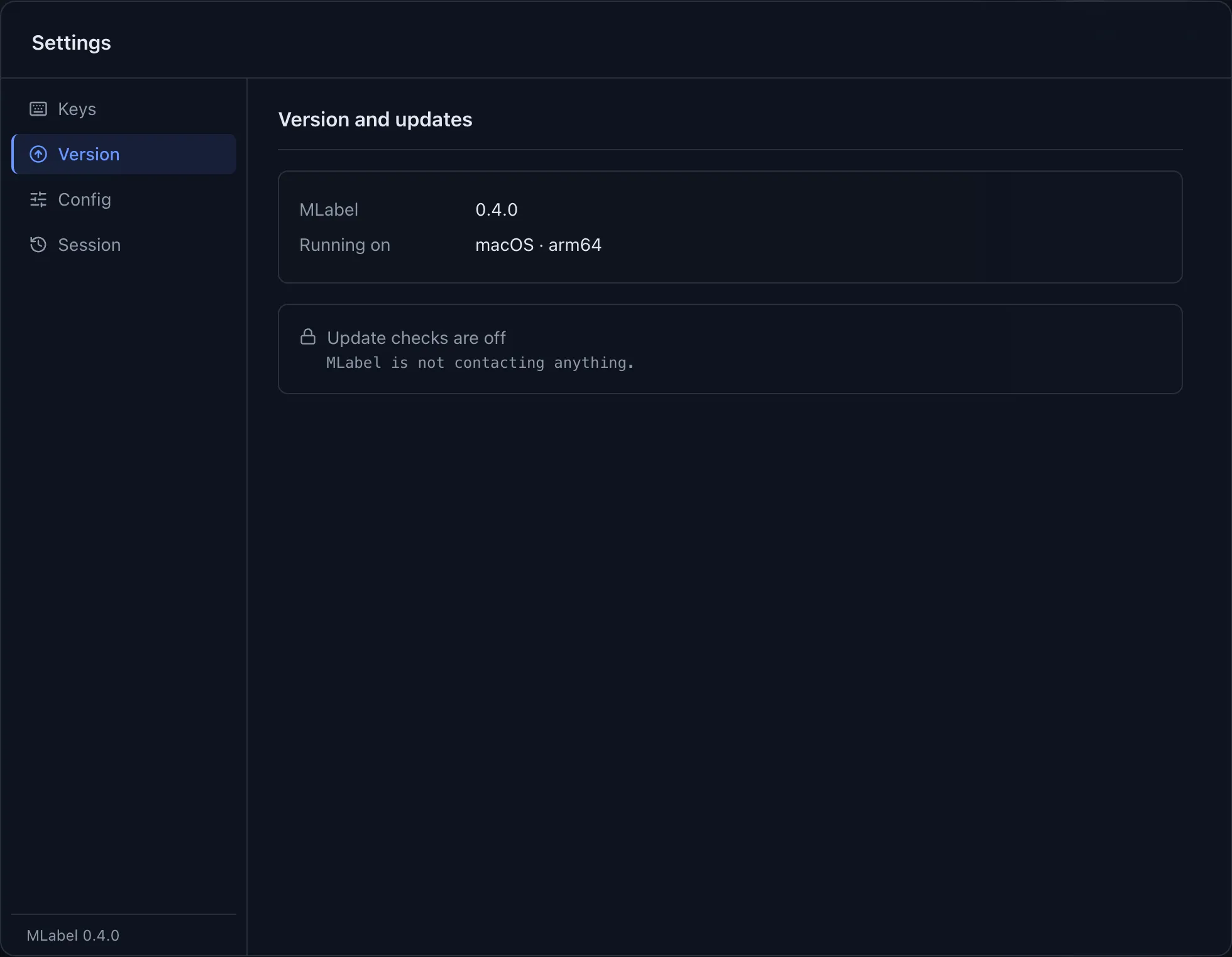 Settings shows Version and updates with Update checks off and no Network tab.