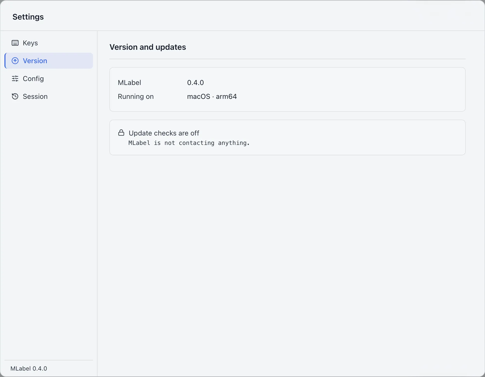Settings shows Version and updates with Update checks off and no Network tab.