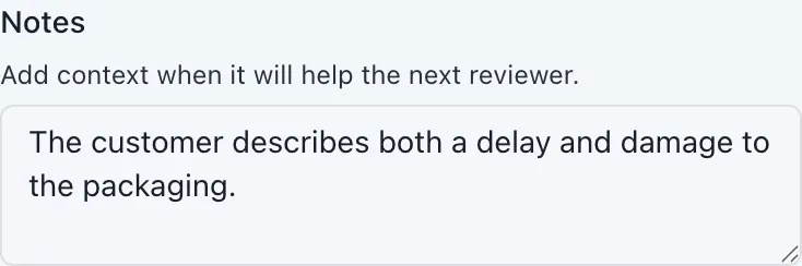 A multiline Notes box includes a short instruction and an example explanation, without a required asterisk.