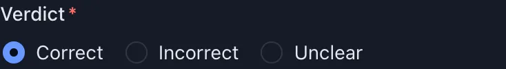 Verdict shows Correct, Incorrect, and Unclear together, with Correct selected.