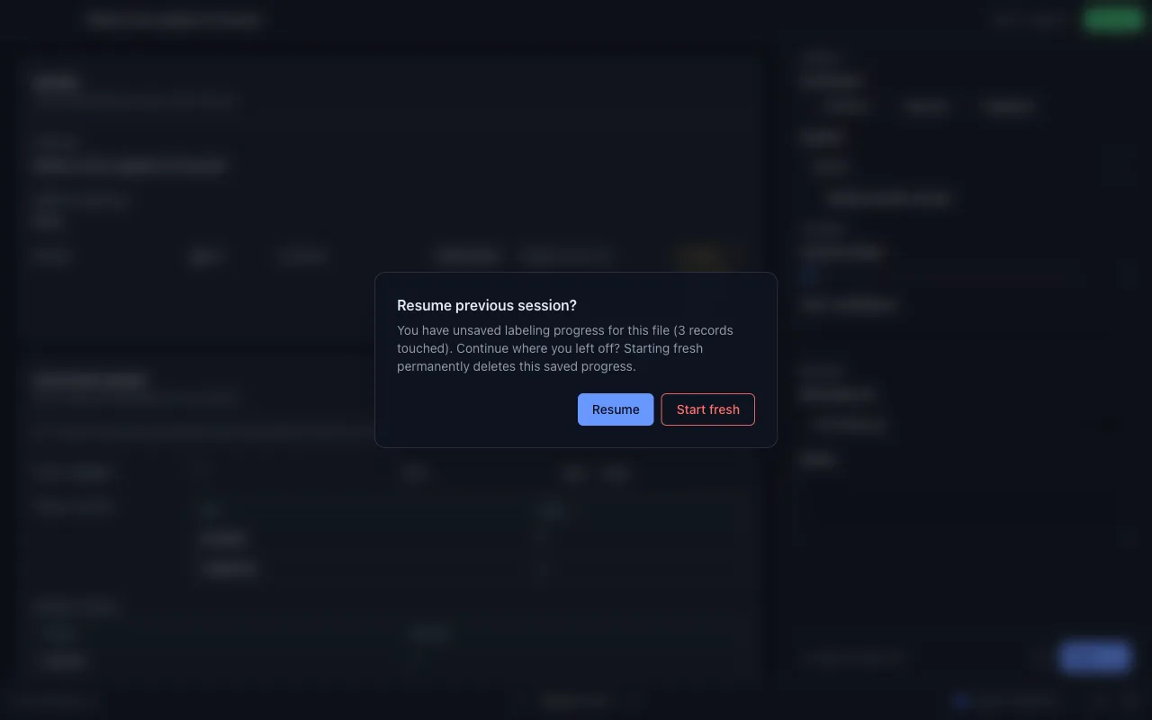 The resume dialog, offering to restore a saved session or start fresh.