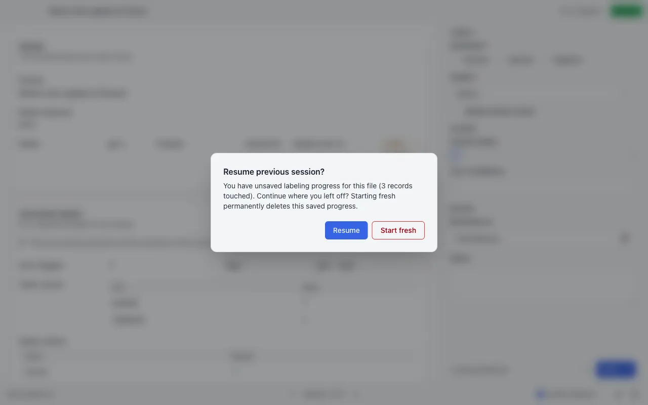 The resume dialog, offering to restore a saved session or start fresh.
