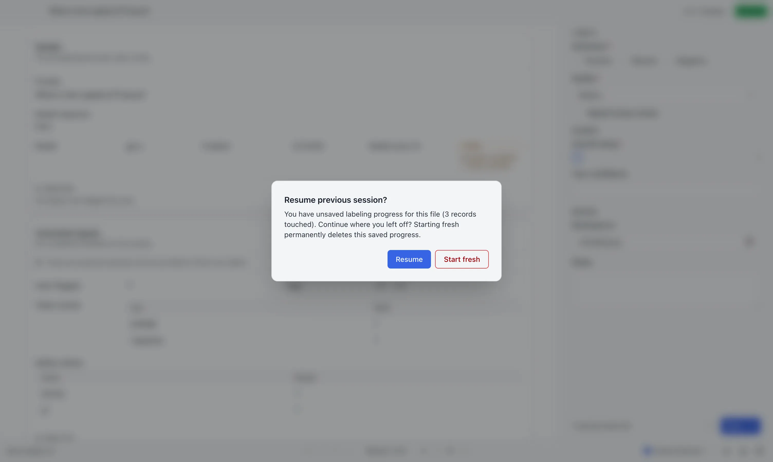 The resume prompt offers to restore a saved session or start fresh.