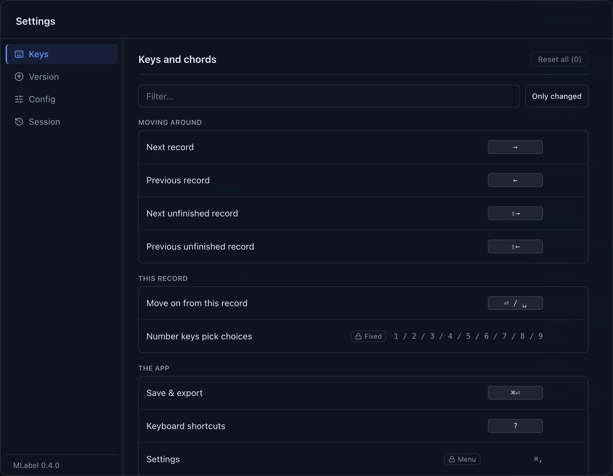 Settings opens to Keys, with a searchable list of keyboard actions and their current bindings.