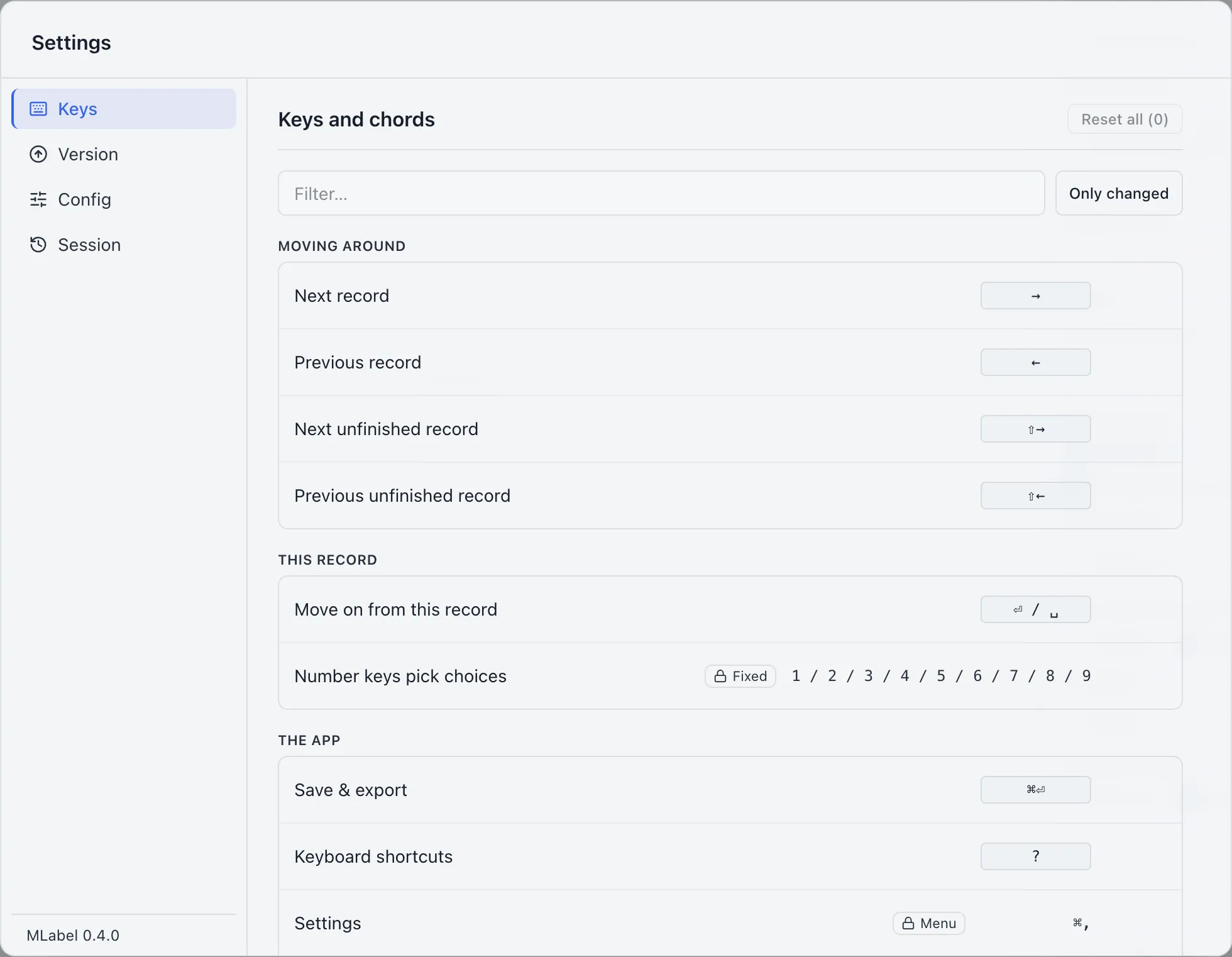 Settings opens to Keys, with a searchable list of keyboard actions and their current bindings.