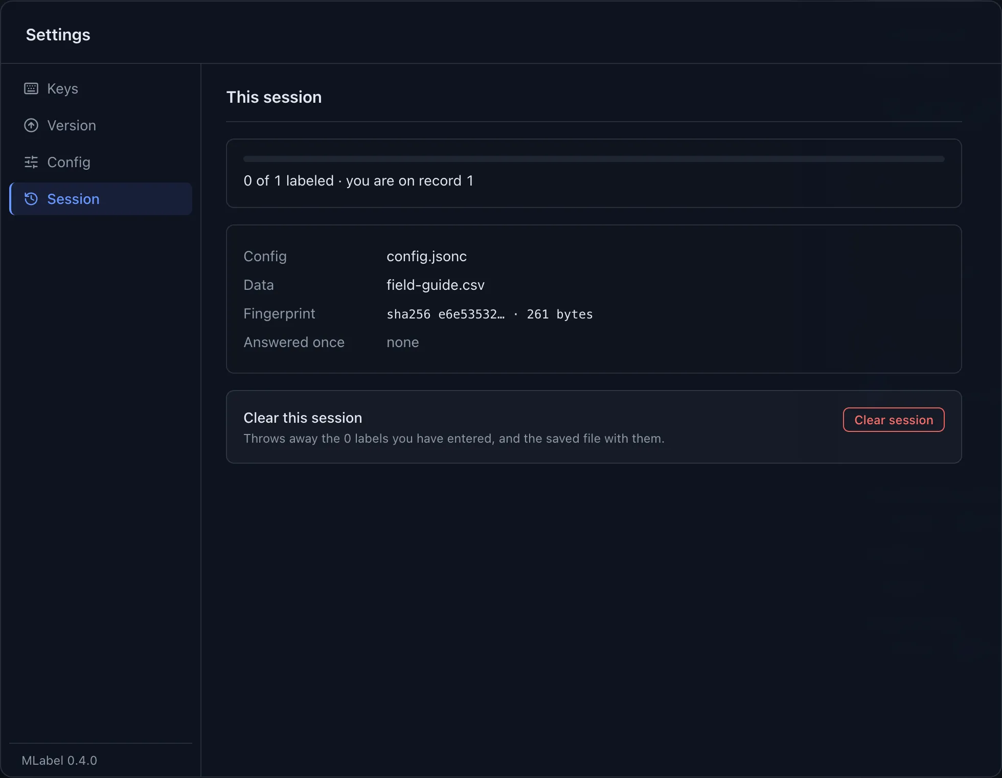 The Session section in Settings shows the active configuration, input file, and saved progress.