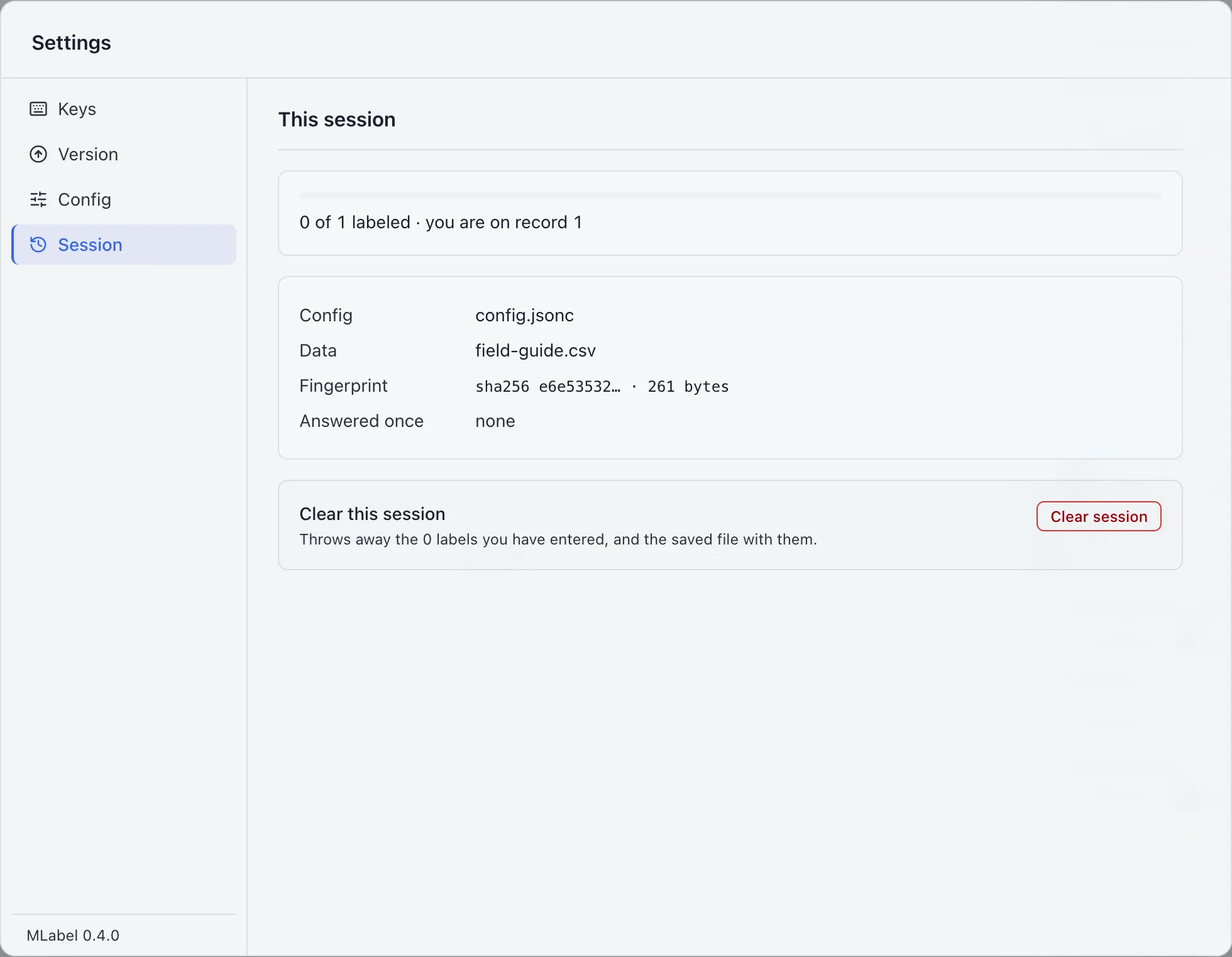 The Session section in Settings shows the active configuration, input file, and saved progress.