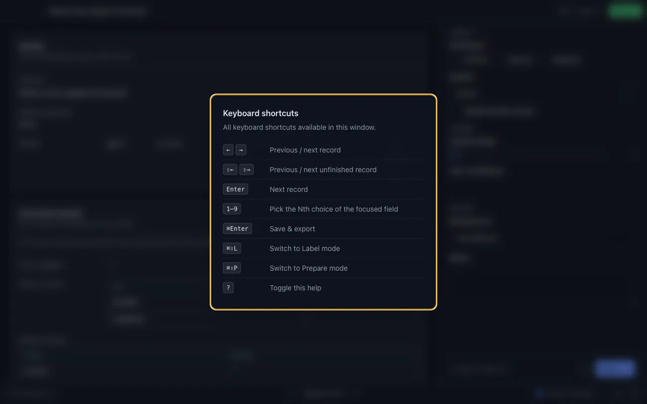 The keyboard shortcuts dialog, listing built-in shortcuts and the config's own chords.