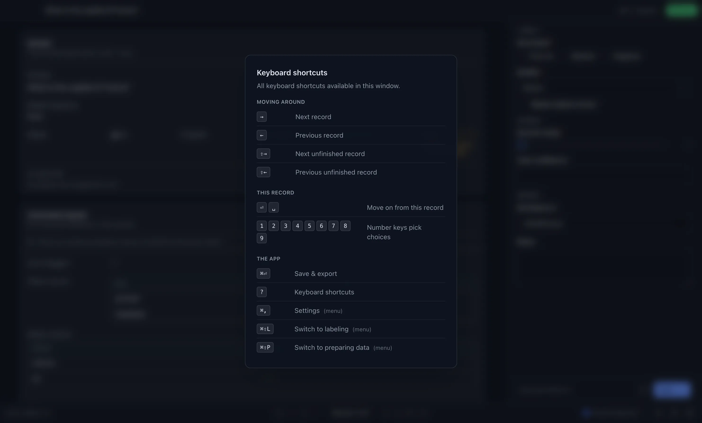 The keyboard shortcuts dialog, listing built-in shortcuts and the config's own chords.