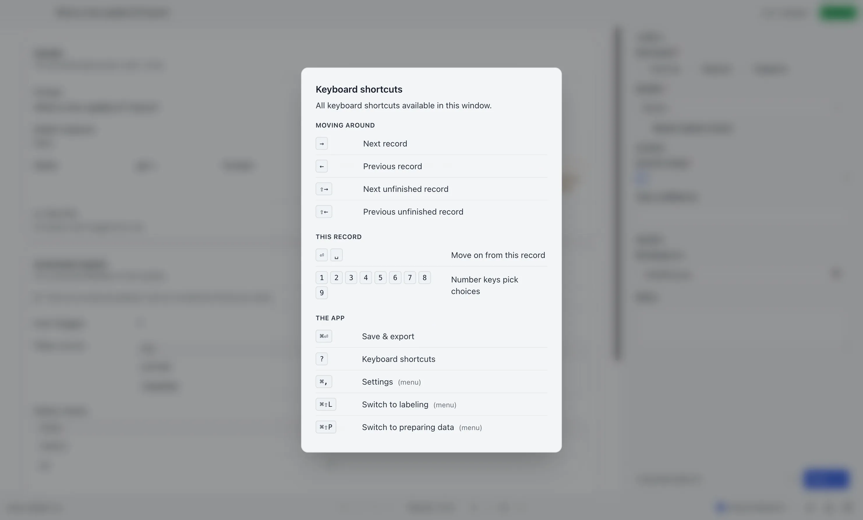 The keyboard shortcuts dialog, listing built-in shortcuts and the config's own chords.