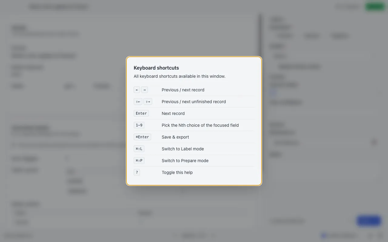 The keyboard shortcuts dialog, listing built-in shortcuts and the config's own chords.