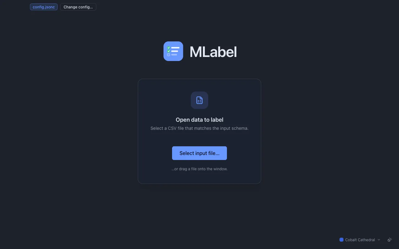 The data screen, prompting for a CSV file to label.