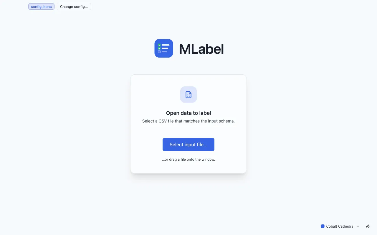 The data screen, prompting for a CSV file to label.