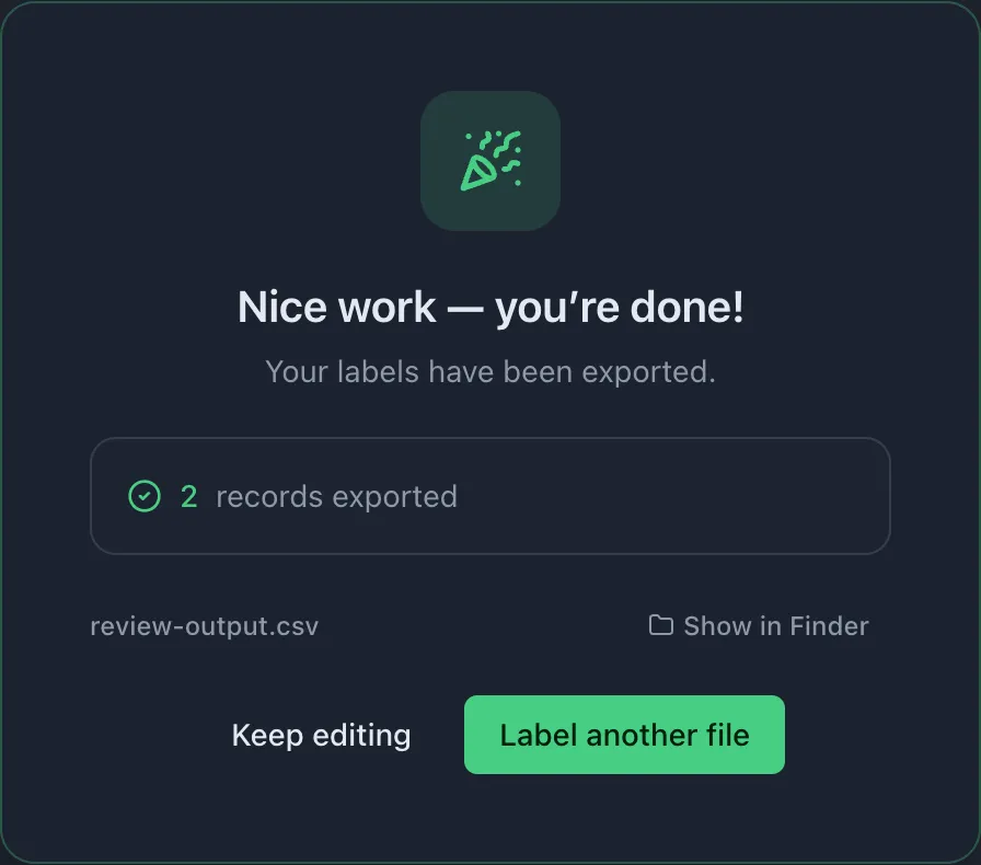 The completion screen reports two exported records and offers Show in Finder for review-output.csv.