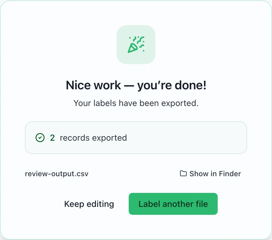 The completion screen reports two exported records and offers Show in Finder for review-output.csv.