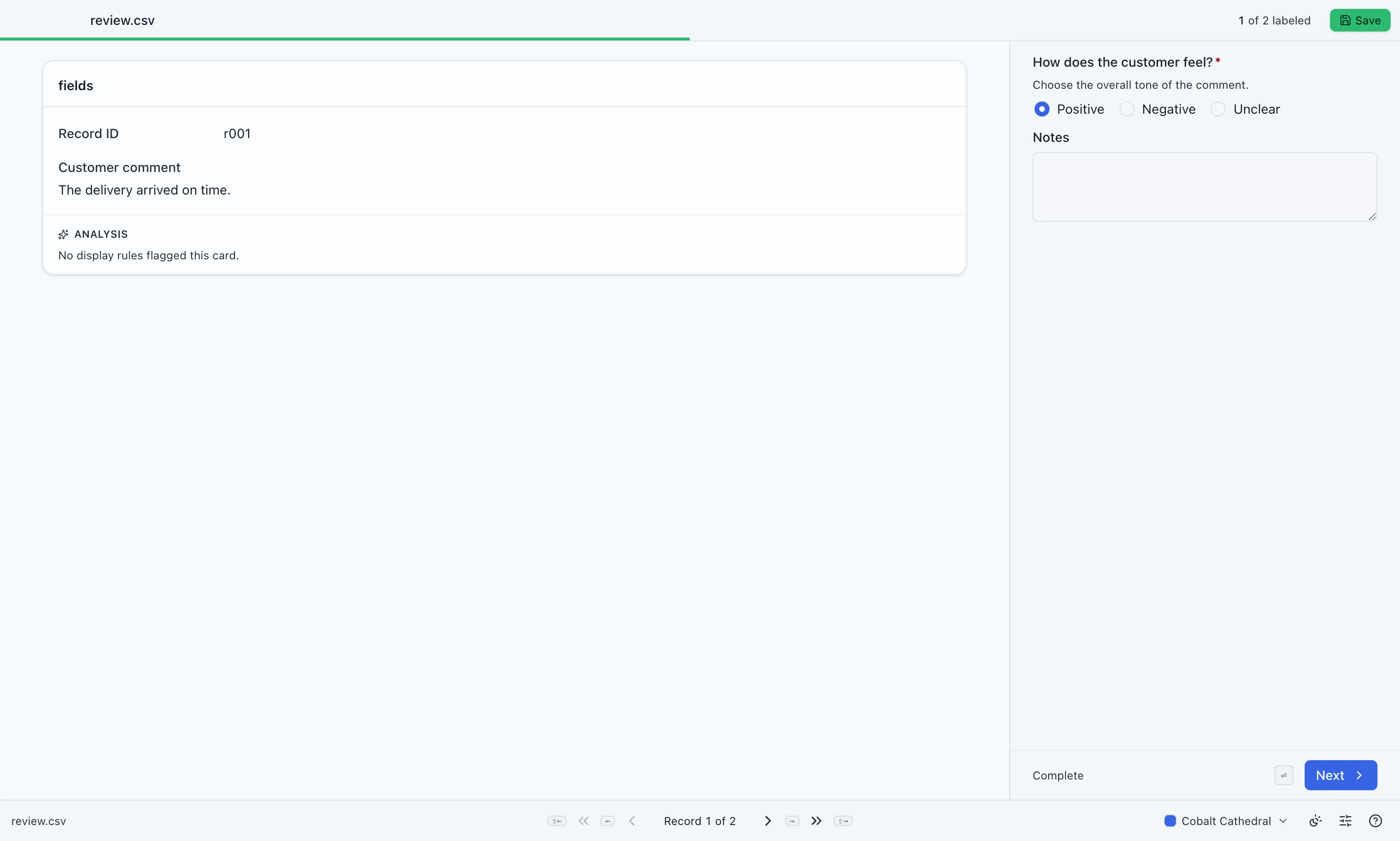 MLabel shows source information in read-only cards beside a form for the labeler's answers.